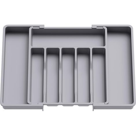 Bandeja para cubiertos, bandeja extensible para cajones, organizador de cajones ajustable para cocina, almacenamiento compacto de plástico para cucharas y tenedores, gris. (1/5)