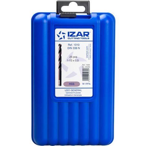 Coffret 25 forets HSS DIN338N – 1 à 13 mm par 0.5 mm – Forets taillés meulés pour aciers et alliages d'aluminium – Précision et stabilité – Izar (1/2)