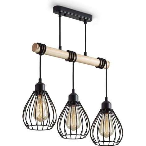 ZOLGINAH Suspension Industriel avec 3 Lumières E27 Base, Vintage Lustre en Métal et Bois, Cage Lampe à Suspension Longueur Ajustable pour Salle à Manger Chambre, 42cm Noir Sans Ampoule [Classe énergét (1/5)