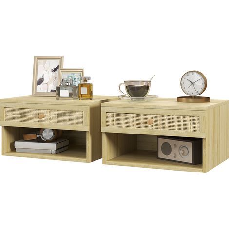 Lot de 2 tables de chevet murales tiroir coulissant, niche, plateau - en bois dim. 40L x 34l x 23H cm (1/5)