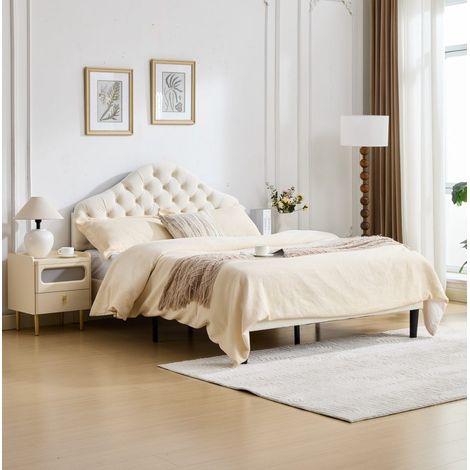 Letto imbottito moderno in velluto beige 140x200 cm con testiera regolabile e rete a doghe in legno