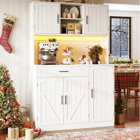 Credenza da cucina 110x38x180 cm bianca in MDF e metallo con LED, prese integrate e 5 ante (1/5)