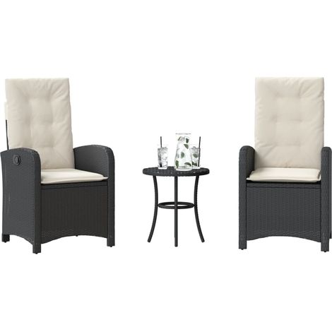 3-tlg. Bistro-Set mit Kissen Schwarz Poly Rattan
