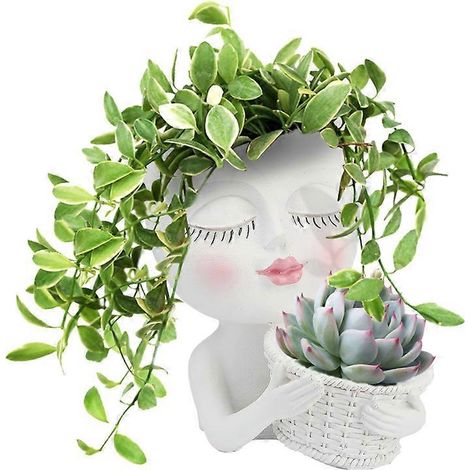 Pot de fleurs en forme de tête de fille charmante pour plantes et fleurs séchées - blanc (1/5)