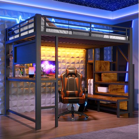 Cama alta 140x200 cm con escritorio, estantes, escalera armario y LED negra (1/5)