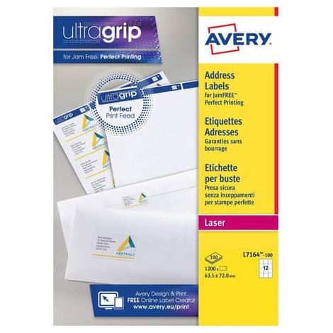 Avery Weiße Universal-Laseretiketten 63,5x72 mm - 12 Etiketten Pro Blatt - 100 Blatt - 1200 Etiketten