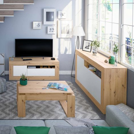 Dmora Mesa de centro Flint, Mesa de centro con tapa elevable, Mesa de centro para la sala de estar, cm 105x55h45/56, nudos de roble, con embalaje reforzado (1/5)