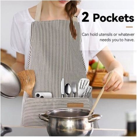 Tablier De Cuisine - Coton Et Lin - 2 Grandes Poches - Bretelle De Cou Ajustable - Noir Et Gris - 2 Pièces (1/5)