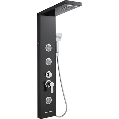Tour de douche LED avec mitigeur, 6 modes de douche : pluie et cascade, jets de massage de 2 m, pommeau et bouchon de bain, colonne de douche en acier inoxydable, panneau de douche noir (1/5)