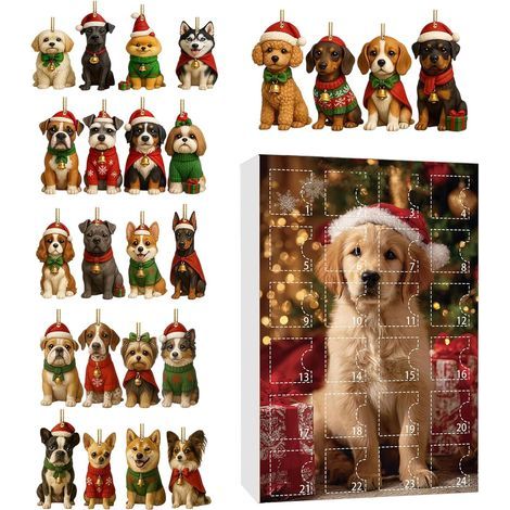 Calendrier pour le Compte à Rebours de Noël Compte À Rebours Avec Un Pendentif De Chien En Acrylique 2D,Ornements de Noël pour Chien de 24 Jours,Pour Fête De Vacances Arbre Bureau Cheminée (1/5)