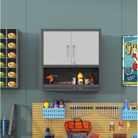 Armadio pensile in metallo 75x77x30 cm grigio con serratura per garage - MEUBLIV (1/5)