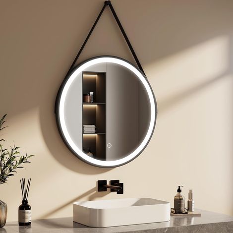 Miroir de Salle de Bain Rond avec lumière 70 cm, Miroir Salle de Bain LED Cadre Noir avec Interrupteur Tactile lumière Blanche Froide 6500K (Type 3) (1/5)