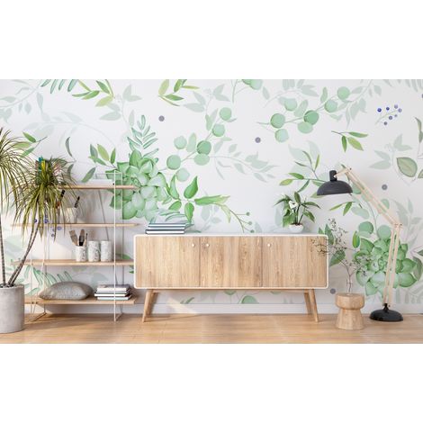 Papier peint fleuri - feuillage léger vert - 400 x 260 cm (1/2)
