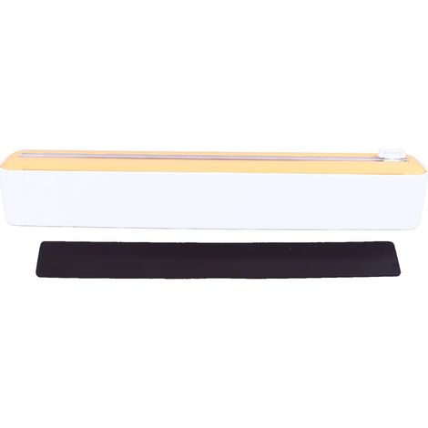 Distributeur de film étirable réutilisable, magnétique et rechargeable, avec coupe-film et bande magnétique, blanc et jaune. (1/5)