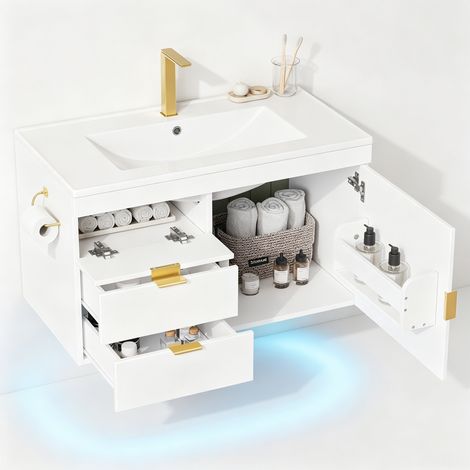 Meuble vasque Blanc,Avec Eclairage LED connectée,2 tiroirs et compartiment,Soft-close,Montage mural,76×46×51cm (1/5)