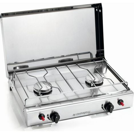 Fornello a Gas 2 Fuochi con Coperchio Accensione Piezoelettrica Funzionante a GPL e Metano in Acciaio Inox Made in Italy