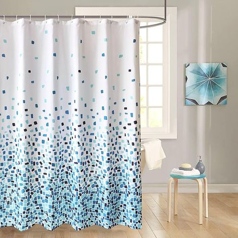 Rideau de douche en polyester imperméable Motif mosaïque bleu et blanc 12 crochets en plastique inclus (180 x 200 cm) Rideau de salle de bain résistant à la moisissure (1/4)