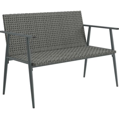Banc de Jardin 2 places en Résine Tressée et Acier, avec Accoudoirs, Dossiers et Pieds Réglables, 110x58x78cm, Gris