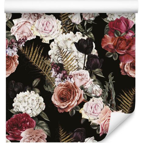 Papel pintado de rosas y hojas de helecho para salón y dormitorio, 50x1000 cm. (1/5)