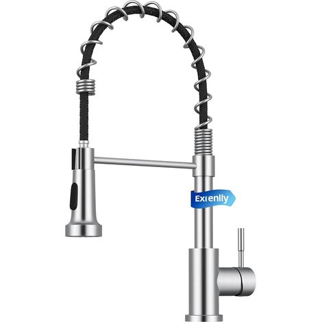 Robinet de Cuisine, Mitigeur de Cuisine Commercial à Ressort, Robinet à Simple Levier en Acier Inoxydable avec Bec Pivotant 360° et 2 Modes de Pulvérisation, Or Brossé (1/5)