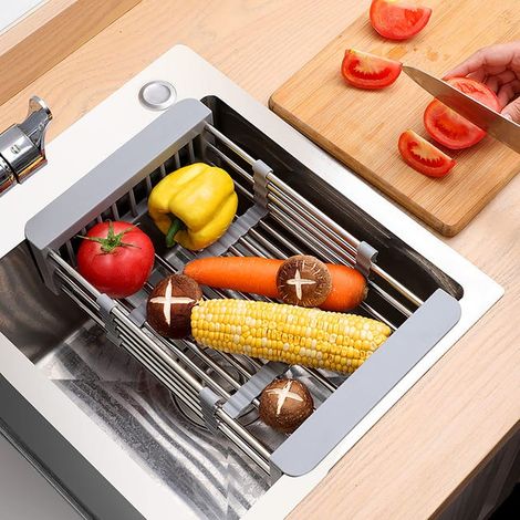 Scolapiatti retrattile in acciaio inox per cucina, cestello per scolapiatti, porta scolapiatti, ripiano (1/4)