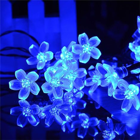 Guirnalda de luces solares LED con forma de flor de cerezo, 12 m, 8 modos, impermeable, para jardín, patio, terraza, fiestas y decoración navideña, color azul. (1/5)