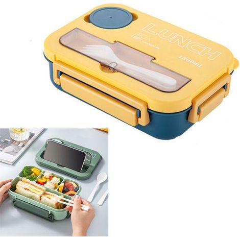 Bento box con set di posate, porta pranzo e contenitore per salse, 4 scomparti, ermetico, 1300 ml, facile da pulire, ideale per casa, ufficio, picnic e viaggi. (1/5)