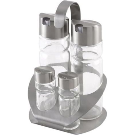Monix Sabor - Menage, dispenser olio e aceto con sale e pepe shaker, acciaio inossidabile e vetro, 4 parti (1/2)