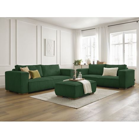 BOBOCHIC - Ensemble canapé droit fixe 3 + 2 places CHELSEA gros velours côtelé avec pouf Vert (1/5)