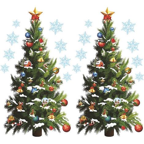 2 feuilles d'autocollants muraux sapin de Noël dessin animé, éléments classiques de Noël-70x50cm