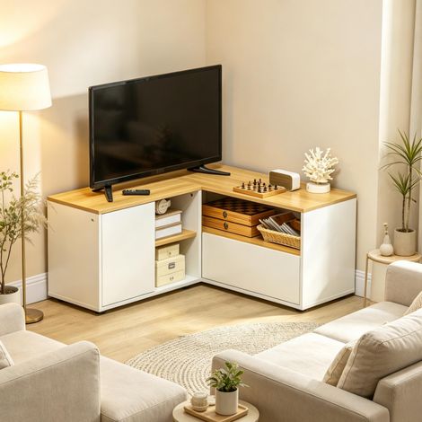 Meuble TV d’angle en L 5 compartiments blanc et bois clair 90 x 90 x 45 cm OKWISH (1/5)
