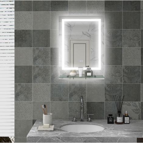 LED-Badspiegel mit Ablage, dimmbar, 3 Lichtfarben, Antibeschlag, 70 x 50 cm OKWISH (1/5)