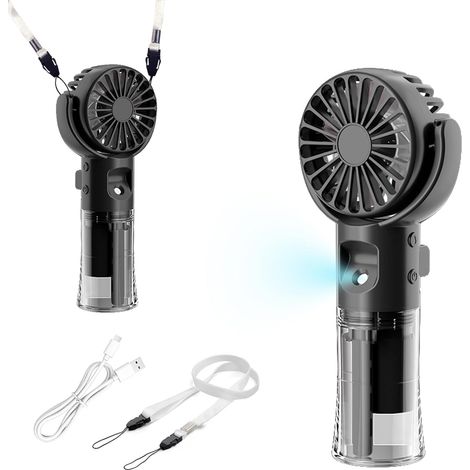 Mini ventilateur à main portable rechargeable USB 4 vitesses 3 en 1 avec eau pulvérisée Bureau pliable 180° avec cordon pour cou pour bureau, voyages Noir (1/5)