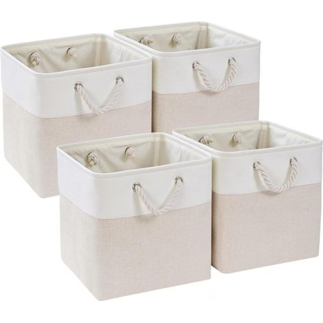 Lot de 4 cubes rangement tissu 28x28x28cm paniers vêtements beige clair blanc (1/4)