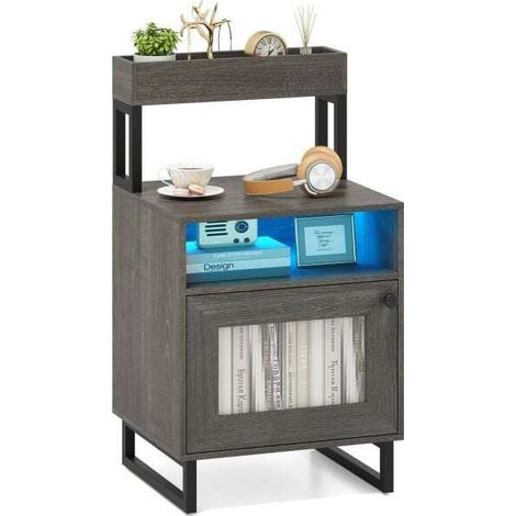 Table de chevet grise en métal avec éclairage LED 16 couleurs, rangement 4 niveaux et porte magnétique pour chambre, salon et bureau (1/5)
