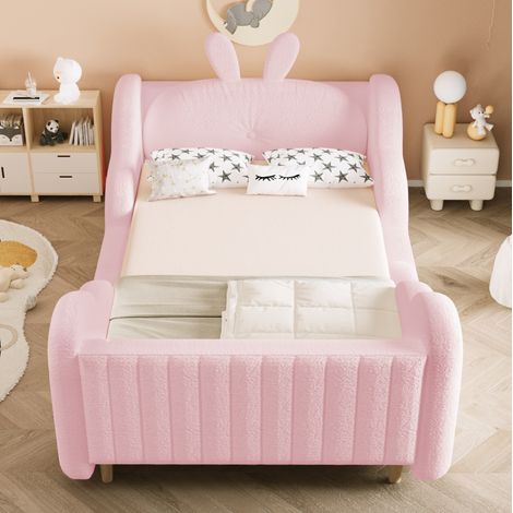 DESVIAE Lit enfant rembourré 90 x 200 cm avec coussin lapin amovible côtés nuage tissu peluche teddy sommier à lattes rose pour chambre enfant chambre d amis MDF (1/5)