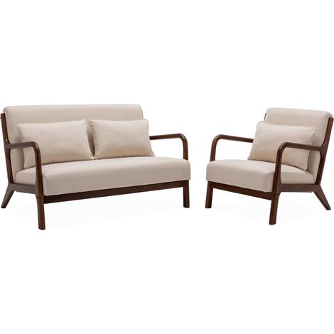 sweeek - 2-Sitzer Sofa + Sessel aus nussbaumfarbenem Hevea-Holz mit Bezug in beige