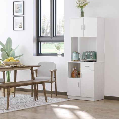 Küchen-Sideboard, vielseitiger Küchenschrank mit 4 Türen, 1 Schublade, Ablagefach und großer Ablagefläche, 71 x 41 x 178 cm, weißes MDF