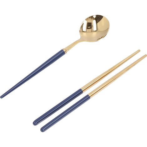Ensemble de couverts en acier inoxydable réutilisables, kit de vaisselle étudiant avec boîte de rangement, fourchette cuillère baguettes de voyage, bleu foncé et doré (1/5)