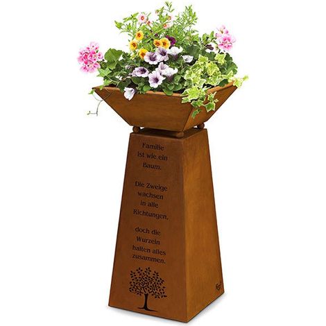 Colonne Décorative Aspect Rouille avec Vasque Amovible Motif Arbre et Citation Famille 57 cm - PANGIVO (1/4)