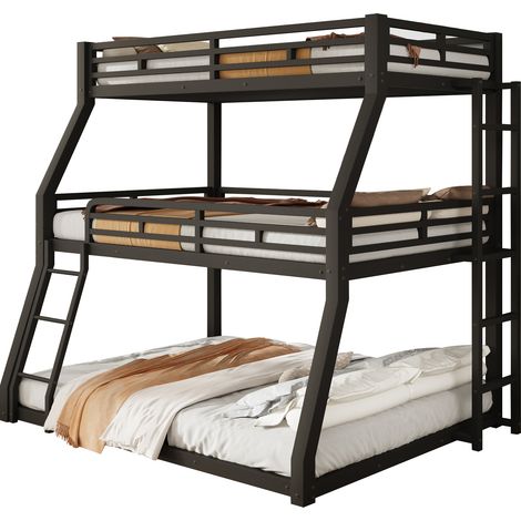 Lit superposé triple en métal 90/120/140x200 cm, lit superposé 3 places noir avec échelles et barrières, cadre robuste pour enfants et adultes. (1/5)