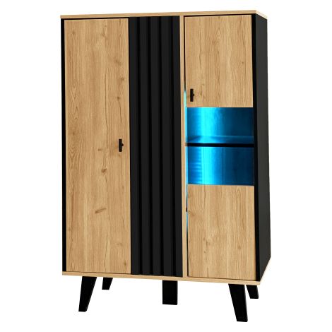 Buffet et Vaisselier, verre et LED, design noir et bois, avec lamination