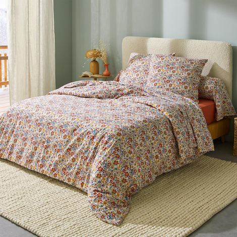 Parure de lit 2 pièces flanelle de coton floral housse + taie Rouge 140x200 cm