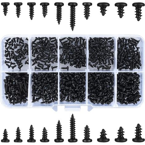 500 pezzi Viti autofilettanti, viti autoperforanti a testa Phillips, viti per legno a testa tonda nera per plastica, legno, metallo - M2/M2.3/M2.6/M3 (1/5)