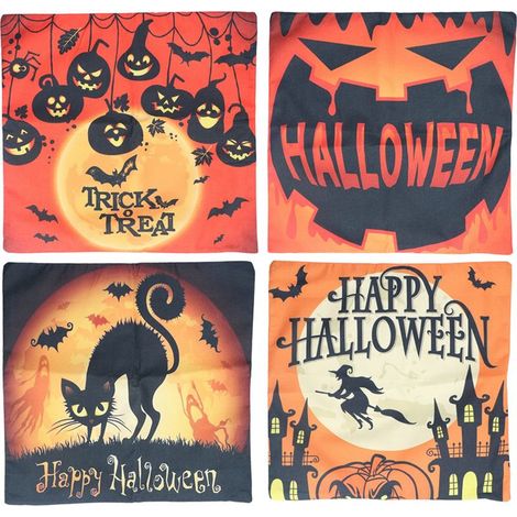 Housse de coussin d'Halloween motif citrouille, fermeture éclair, lin lavable à l'eau froide, lot de 4 pour décoration intérieure. (1/5)