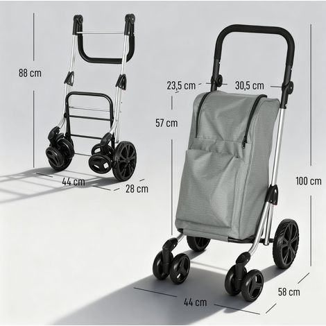 Carrello spesa pieghevole 46 L con sacca termica, manico regolabile, struttura in alluminio, grigio (1/4)