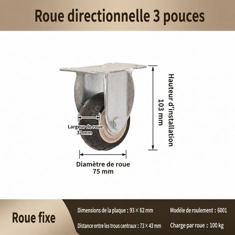 Roulette fixe industrielle 3 pouces 75 mm en caoutchouc silencieux sur platine acier zingué 3 32 380 noir 7,5 × 3,2 × 10,3 cm 380 g – Livraison gratuite