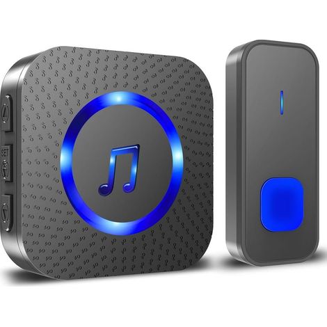 Timbre inalámbrico, timbre electrónico resistente al agua con alcance de 300 m, kit de timbre con receptores enchufables para el hogar, 55 melodías con 5 niveles de volumen, LED azul y negro. (1/5)