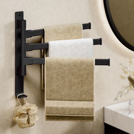 Porte-serviettes pivotant de cuisine à montage mural, petit porte-serviettes rotatif de salle de bain, barre pliante, options de montage sans clou ou percé, 3 bras (1/5)
