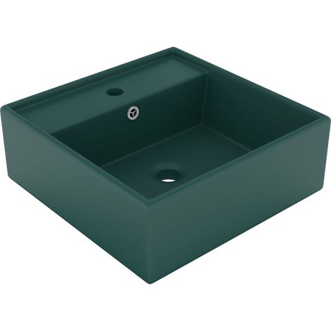 Lavabo de luxe avec trop-plein, carré, vert foncé mat, 41 x 41 cm